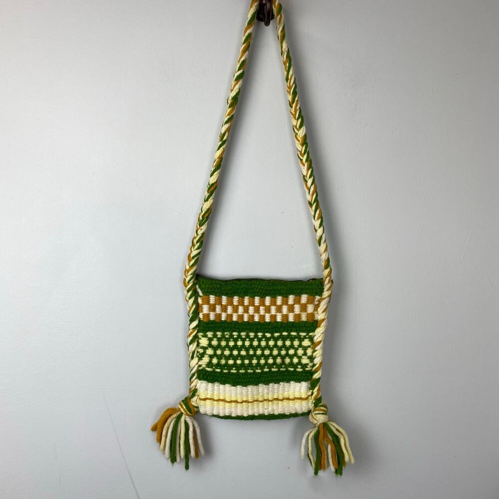 Vintage Hand Crafted Yarn Crochet Striped Boho Shoulder Bag Braided Strap
